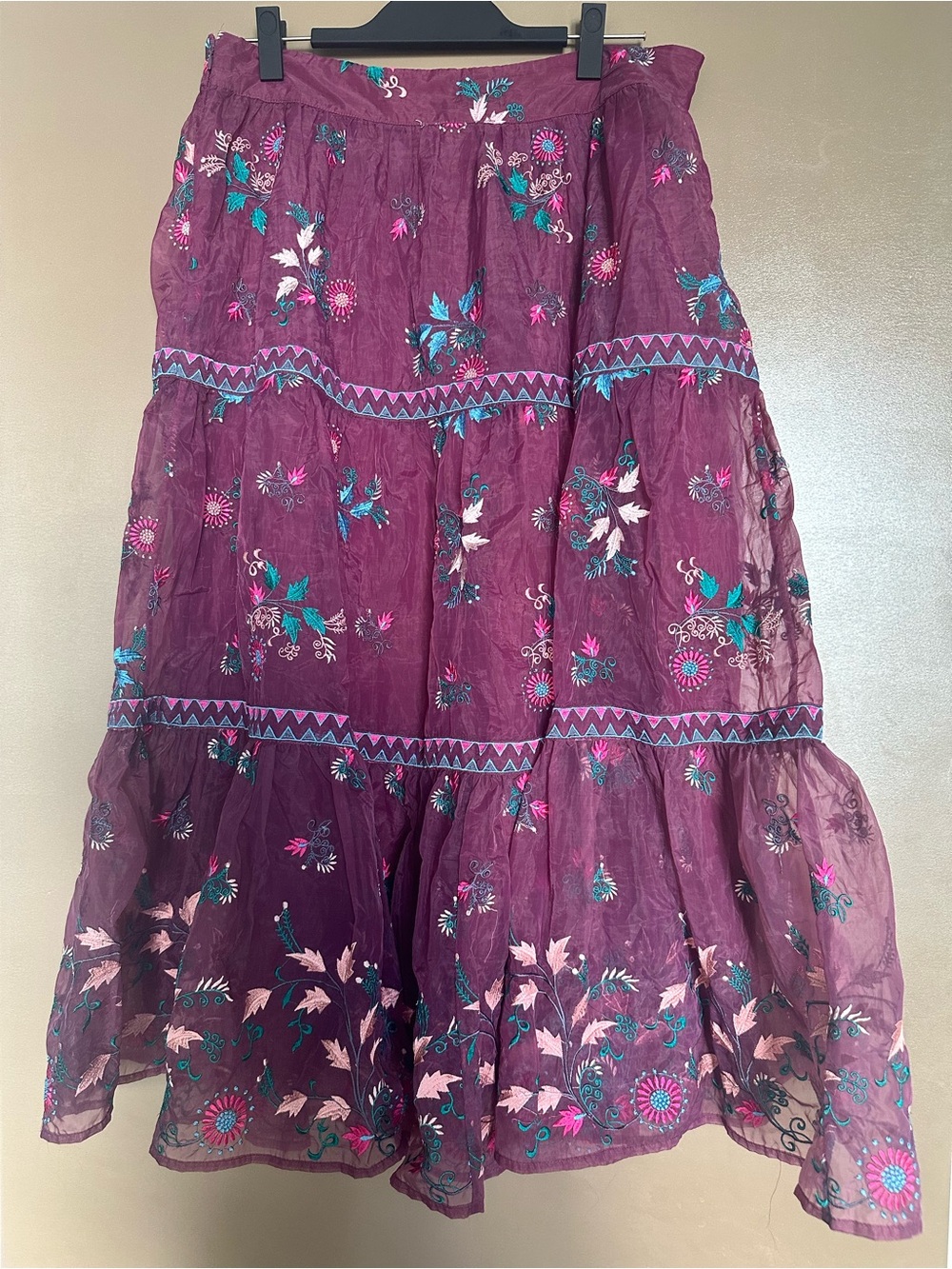 Plum Tiered Embroidered Boho Skirt
